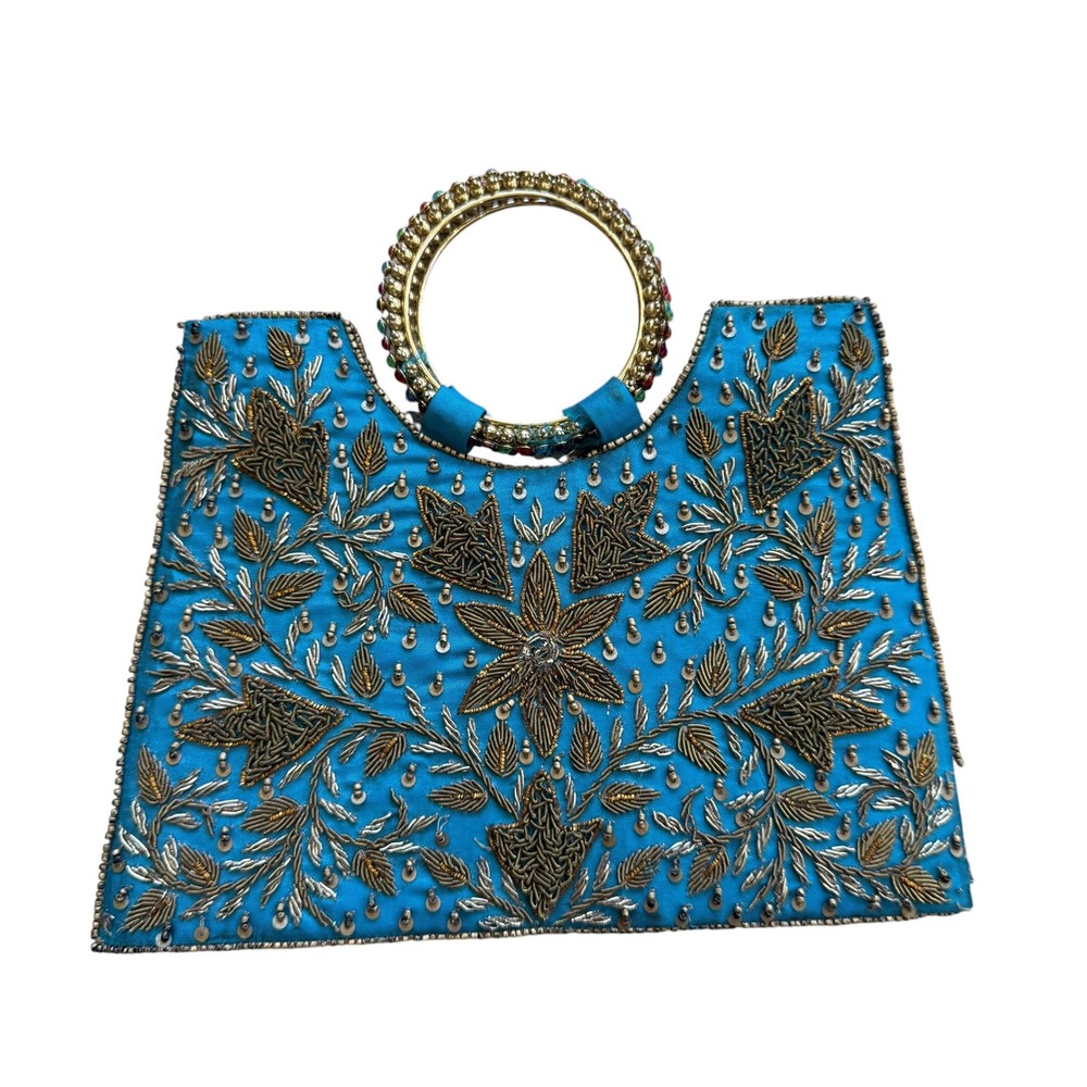 Bougainvillea Turquoise Beaded‎ Silk Evening Bag Gold Floral Ring Handle Clutch